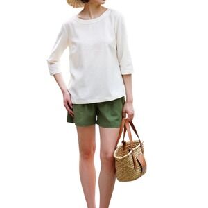 Hannah Canvas Linen Minimalist White 3/4 Sleeve Boatneck Keyhole Back Top Size S